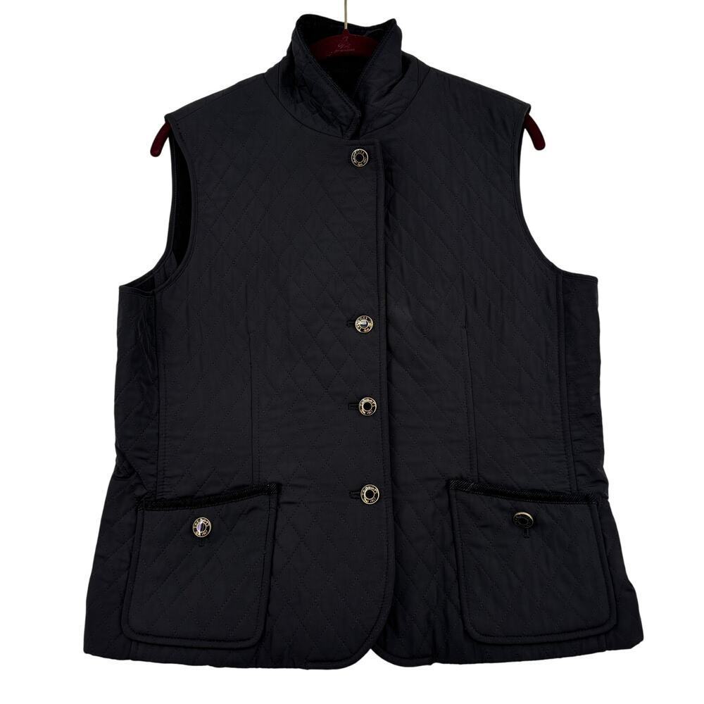 Talbots Quilted Vest Womens Size M Petite Black Button Up Lined with Pockets